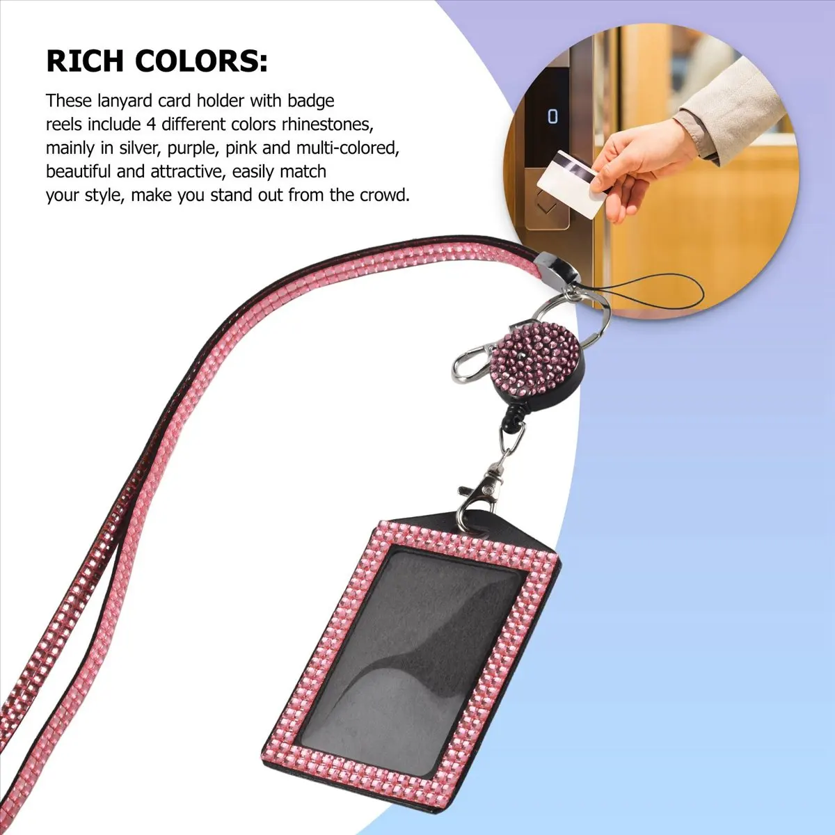 ABJS 4 Sets Rhinestone Lanyard ID Card Holder Crystal Retractable Badge Reel Rhinestone Neck Lanyard Card Holder