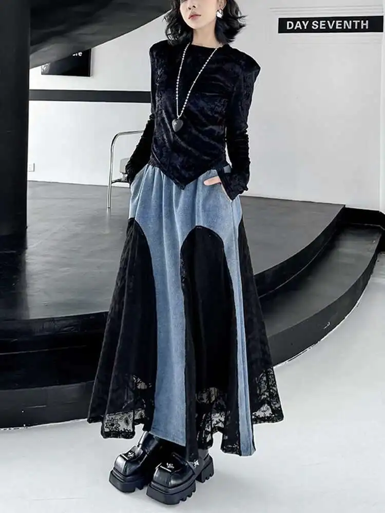 High Elastic Waist Black Lace Denim Color-block A-line Half-body Skirt Women Fashion Tide New Spring Autumn
