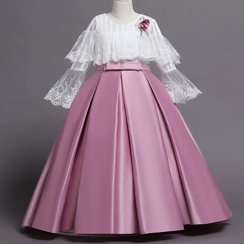 Vestido de Cetim Princesa Infantil, Tornozelo-Comprimento, O-Neck, Flower Girl Vestidos, Walk Show, Prom Performance, Novo