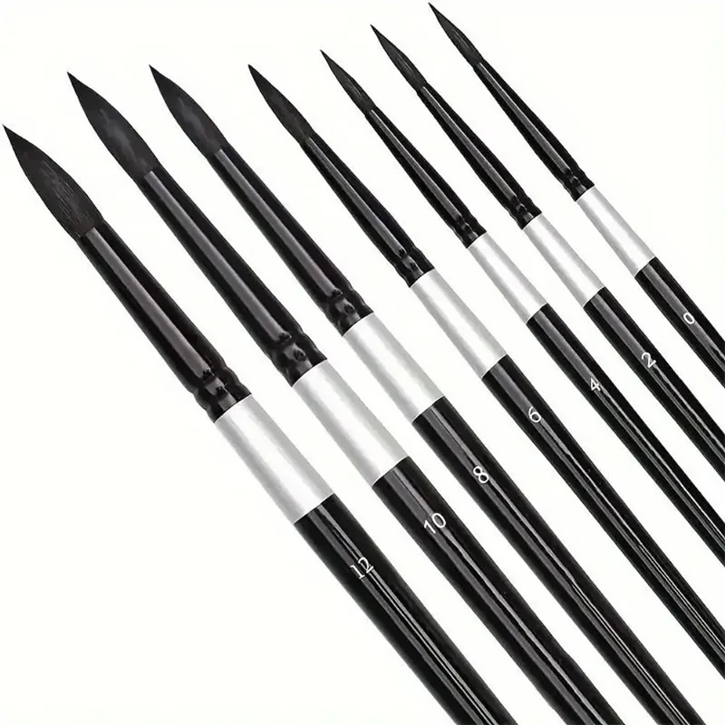 7Pcs Art Brush Set - Round/Pointed Tips For Gouache/H2O | Beginner Artist Kit W/Wood Handle (No Shed)▪