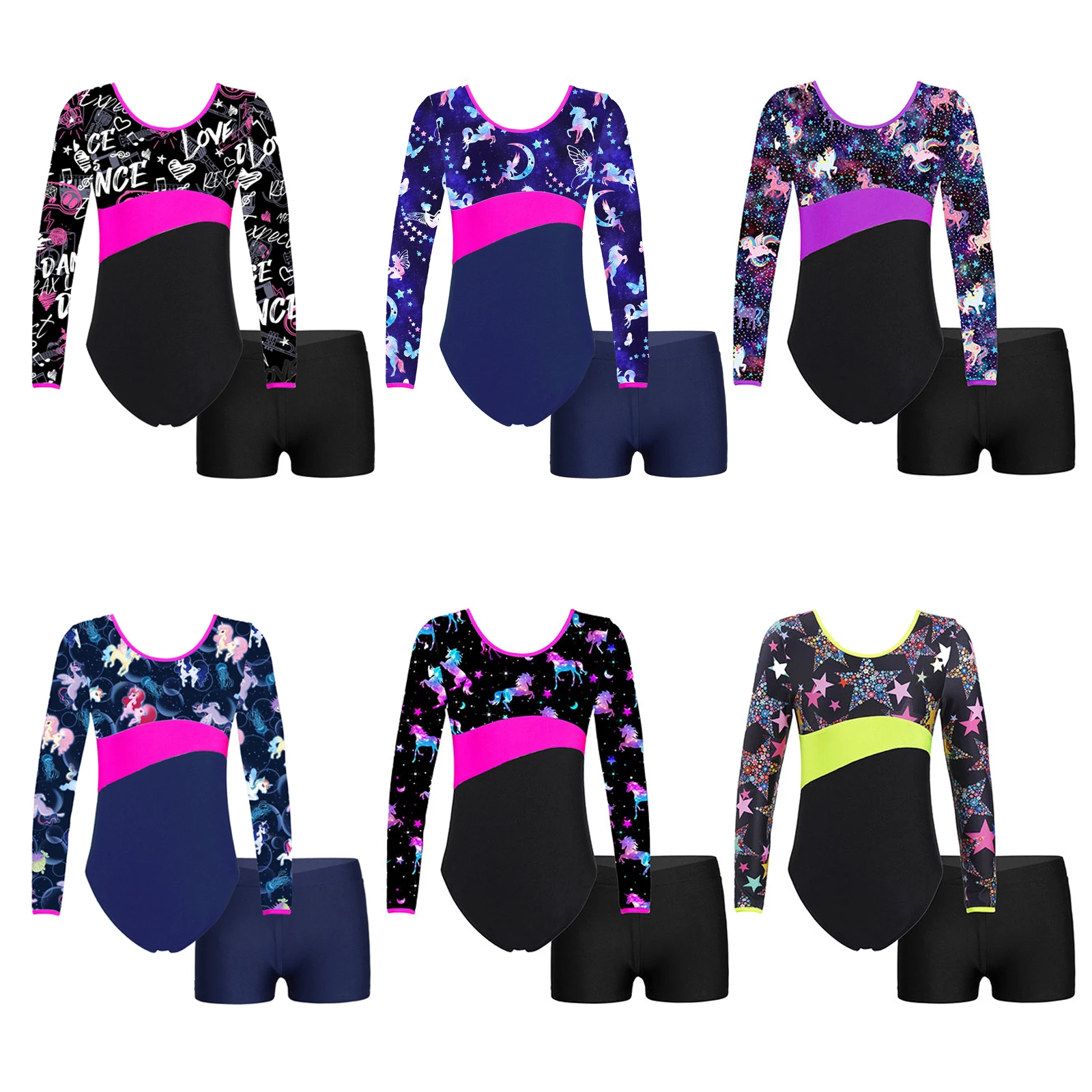 Kids Girls Ballet Leotard with Shorts Long Sleeve Gymnastics Outfit Practice Performance Clothes Yoga Workout Sports Jumpsuit