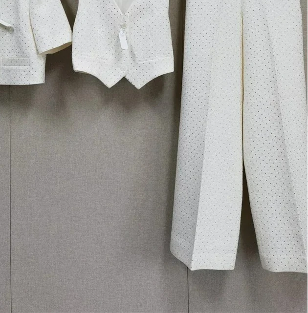 Women's Tweed 3-Piece Set with Pearl Details: Short Sleeve Shirt, V-Neck Vest & Loose Pants