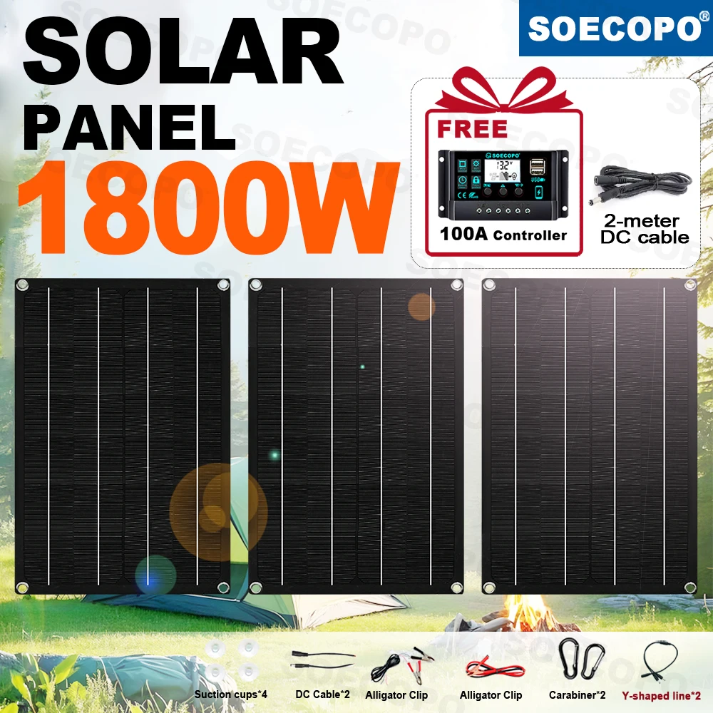 

SOECOPO 1800W Free 100A Controller Portable Solar Panel Kit 3 Photovoltaic Panels Dual USB 5V for Camping Equipment Power Home