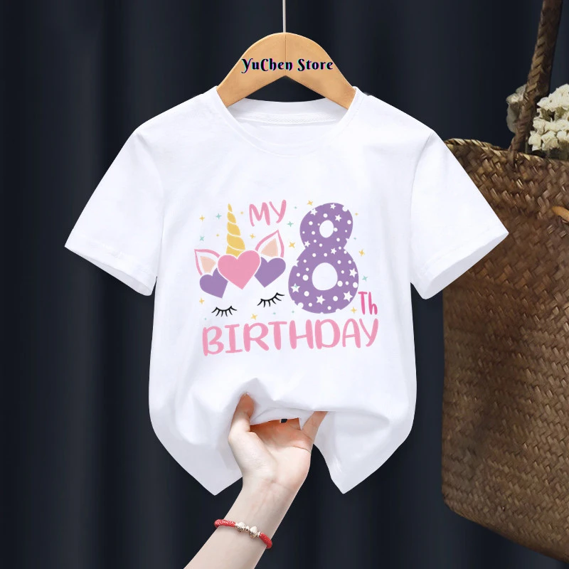 Birthday Gift Present Clothes Children Unicorn Girl My 1-8th Birthday Number Print Name T-shirt Baby Letter Tops Tee,Drop Ship