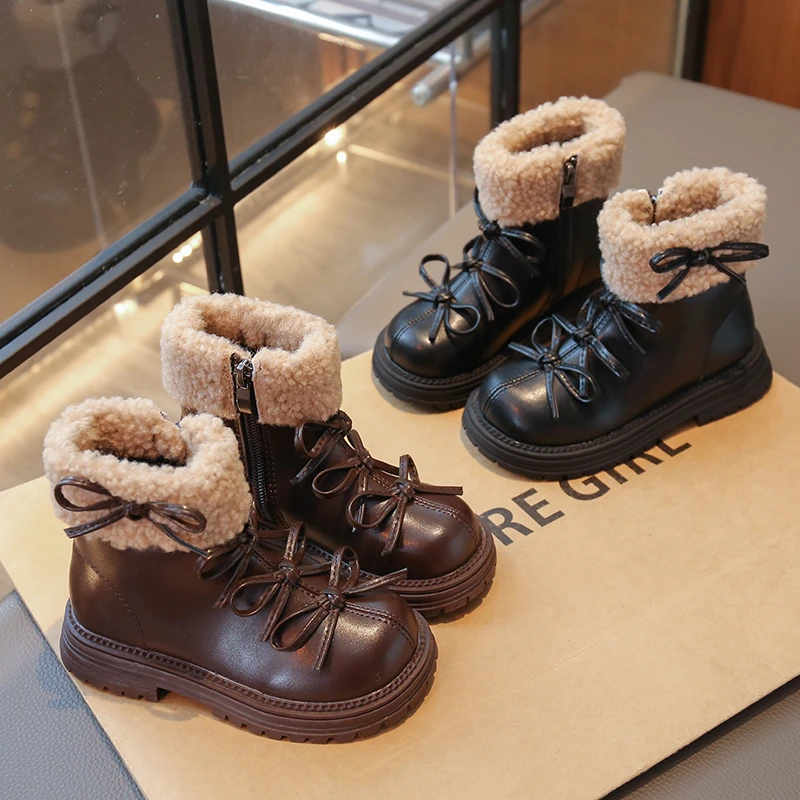 

Модные кожаные сапоги для девочек с бантом, детские сапоги принцессы, нескользящие зимние детские короткие сапоги с круглым носком и боковой молнией