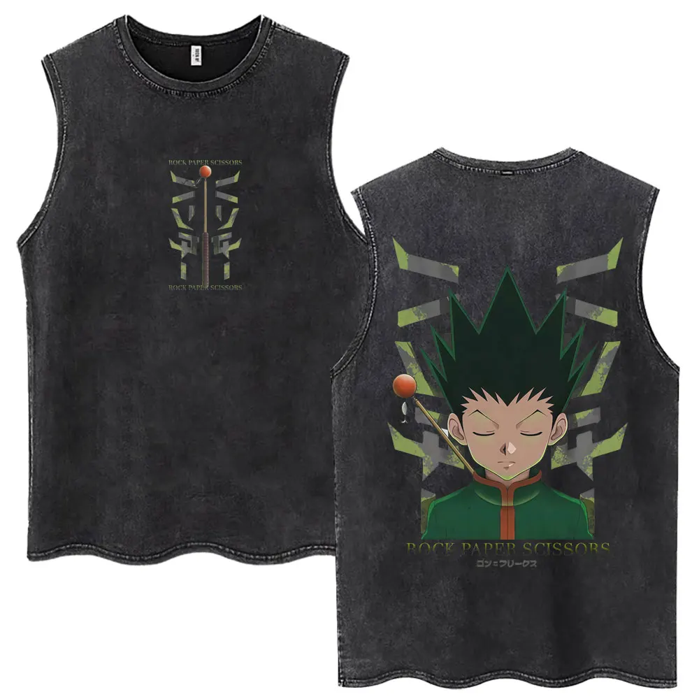Vintage Washed Anime Hunter X Hunter Tank Tops Kite Phantom Troupe Hisoka Chrollo Sleeveless T-shirt Men Women 100% Cotton Vests view 4