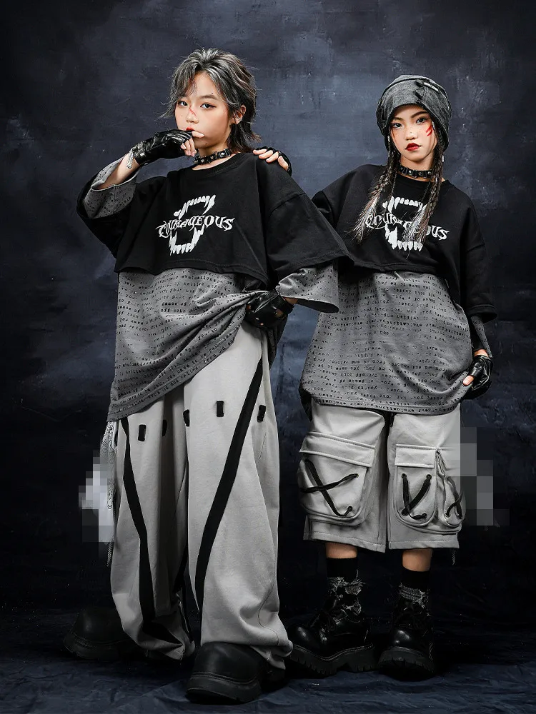 2026 New Hip Hop Costume For Children Jazz Dance Show Performance Suit Oversize Top Shuffle Pants Street Dance Clothing