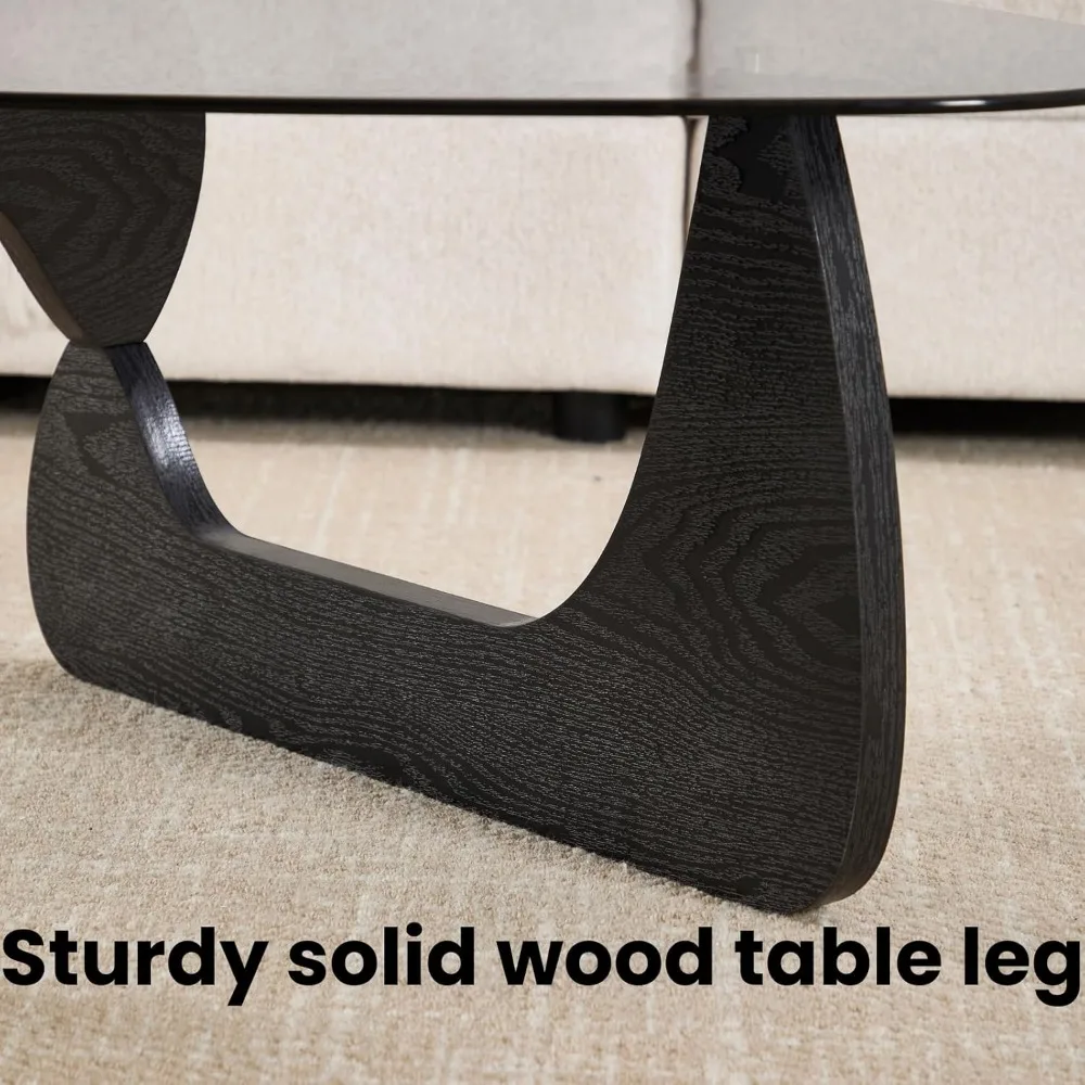 Modern Triangle Glass Coffee Table, 16 Inch High Glass Top Abstract Small End Table with Solid Natural Wood Base, Tea Tab