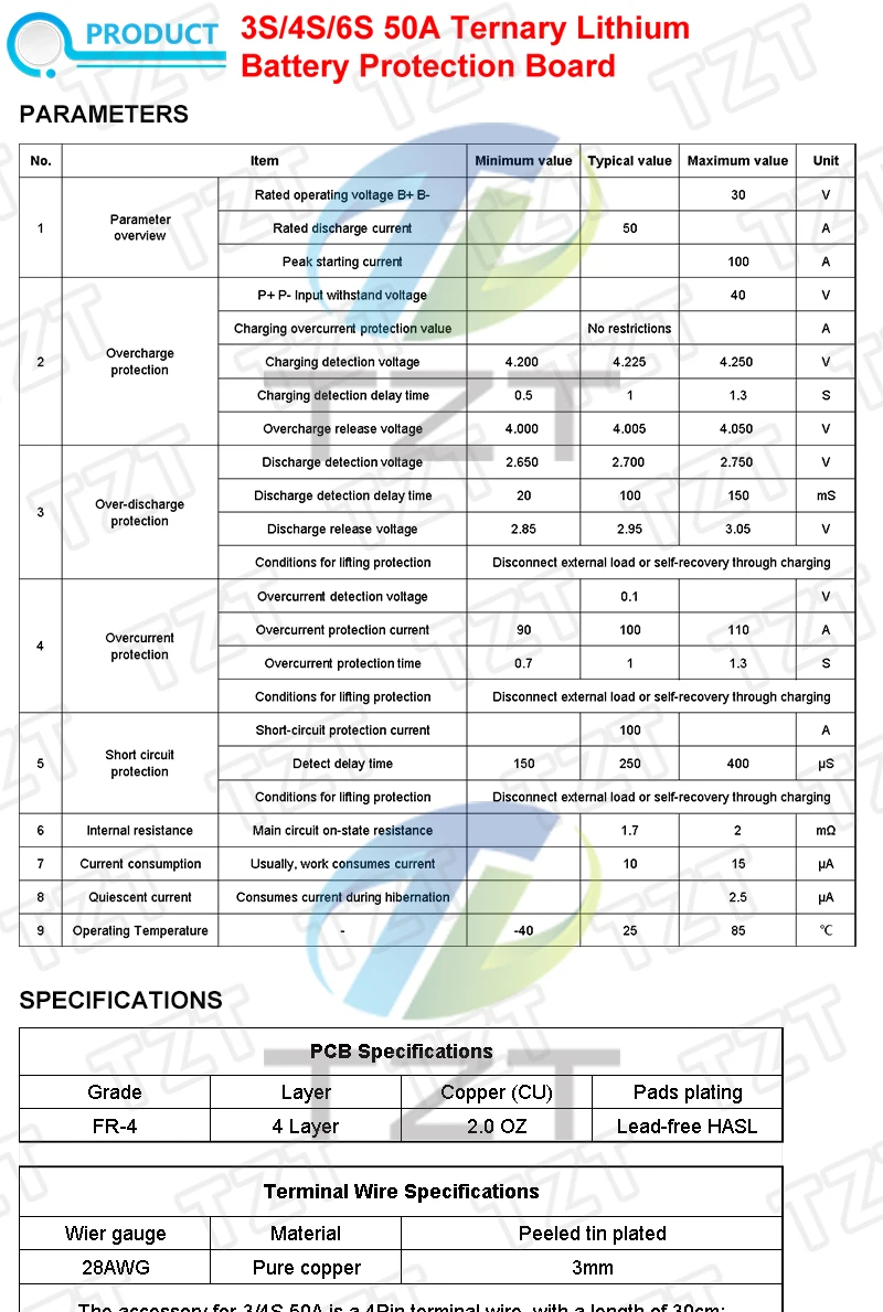 1/3 Stück TZT 3S 4S 6S 12V 16,8V 24V 50A BMS Ternäre Li-Ionen-Lithium-Batterie-Schutzplatine mit Temperaturschutz – Detail 1