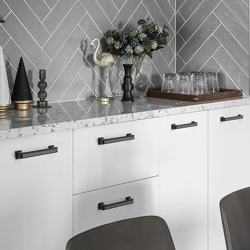 YM مربع ماتي الأسود النمط الأمريكي مقبض كابينة المطبخ 128 مللي متر درج خزانة سوداء 7 أحرف الصلبة تسحب 287