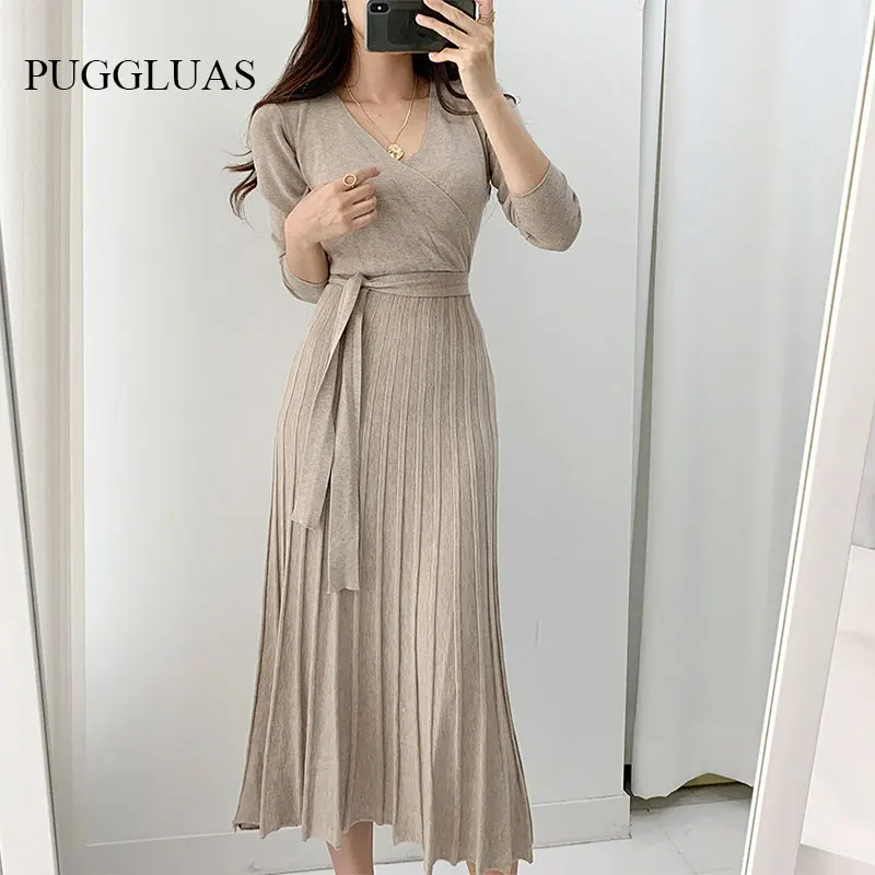 

Vintage Knitted Sweater Long Sleeve Dresses With Belt Women Korean Elegant Fall Winter V Neck A Line Sweater Midi Woman Dress