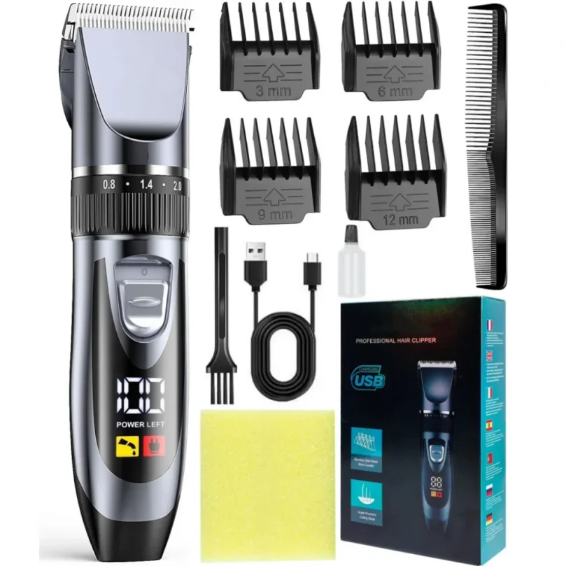Men's wireless hair clipper, rechargeable set adjustable length comb, precise hairline and beard trimmer, LED