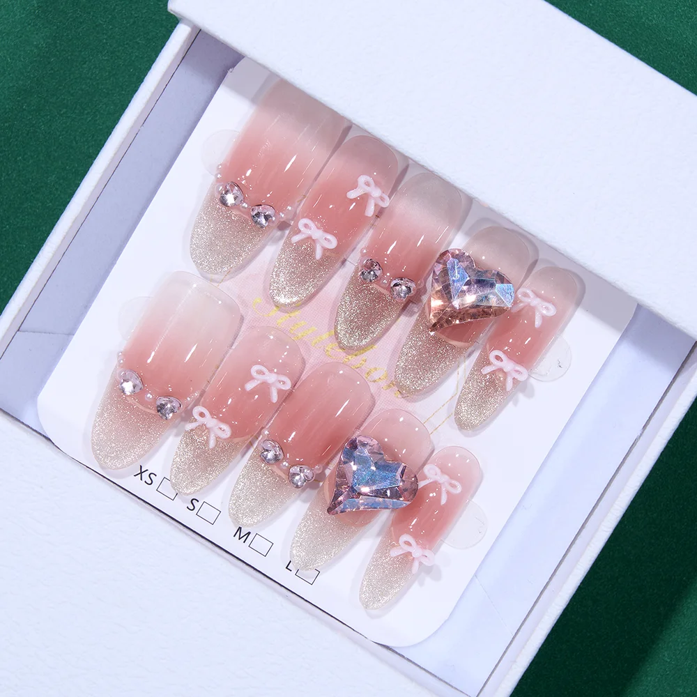 

10pcs Handmade Press on Nails Golden Cat's Eye Bow Hearts Coverage Nail Piece for Women&Girl Detachable Wearable Nail Art
