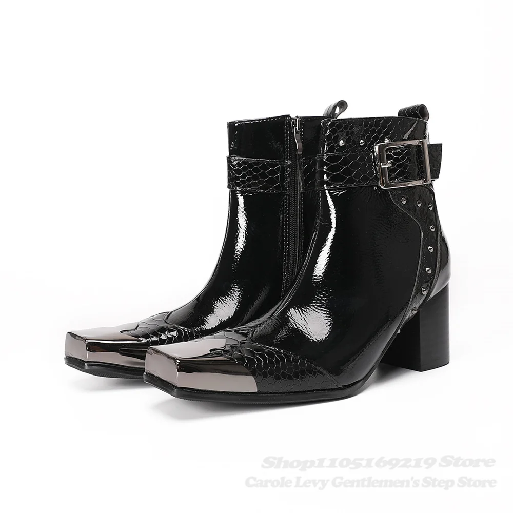 Black Patent Leather Chunky Heel Anke Boot Men Metal Square Toe Rivets Decor Thick Heel Handmade Side Zipper Punk Short Boot