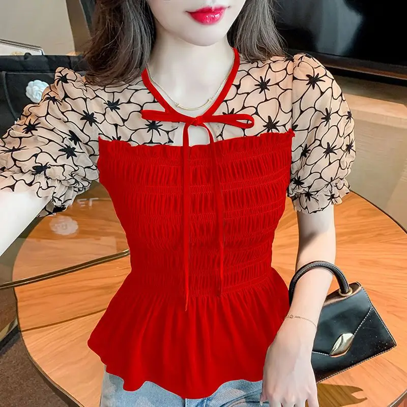 2024 Summer New Korean Stylish Puff Sleeve Blouse Classic Contrast Color Spliced Collect Waist Slim Age Reduction All-match Tops