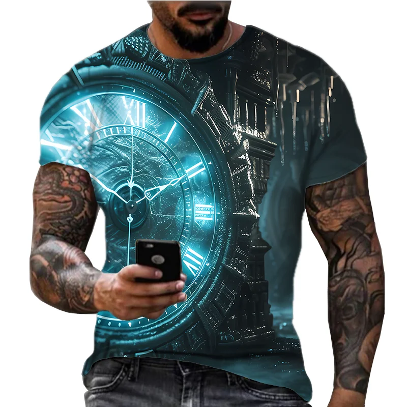 Bell Tower Pattern T-Shirt For Men Alarm Clock 3D Printed Short Sleeve Summer Casual Oversized Tees Streetwear O-Neck T Shirts