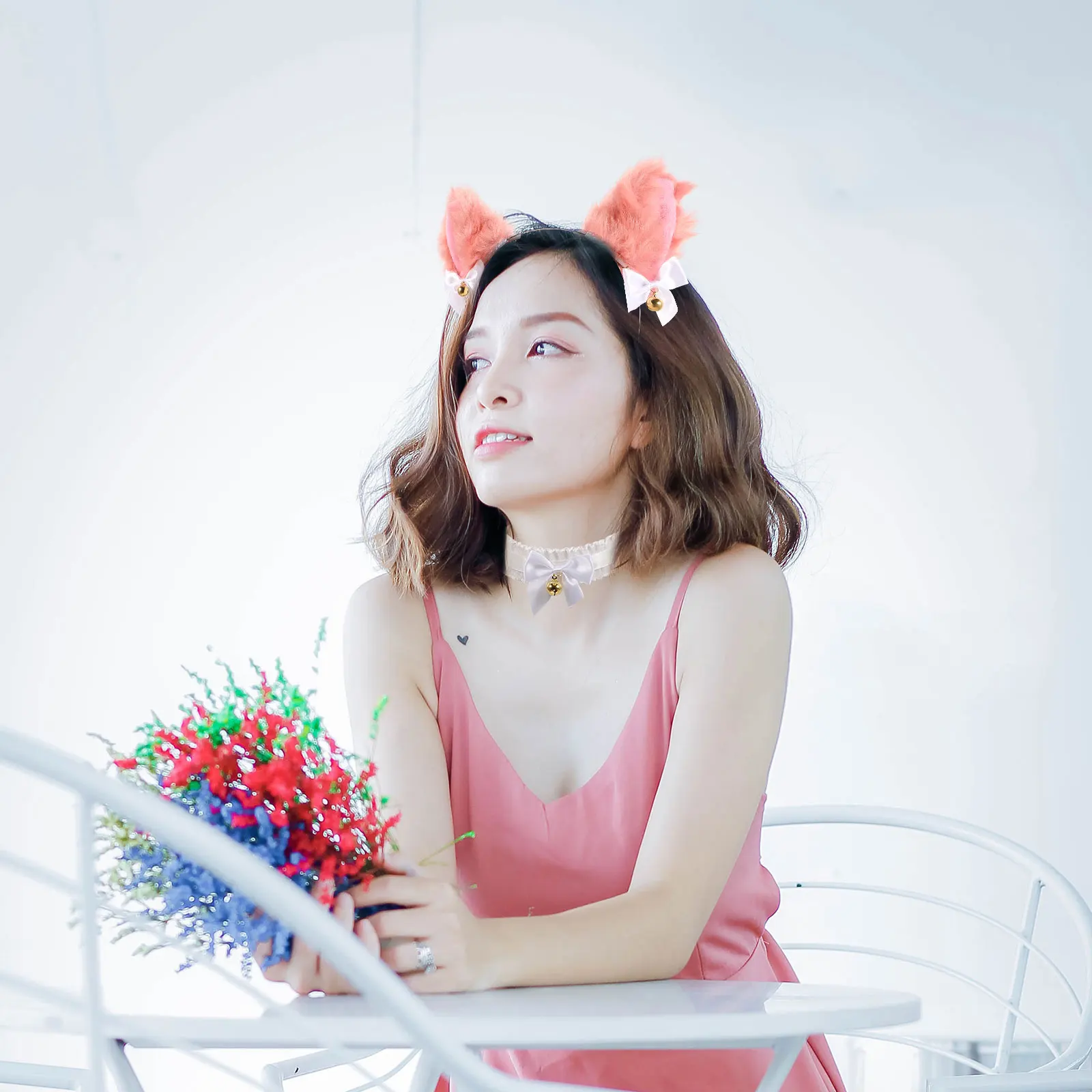 

Cat Ears Headb Collar Set Fabric Costume Headdress 4 Sets Reusable Stable Frame Durable Festival Stage Hair Collar Kit