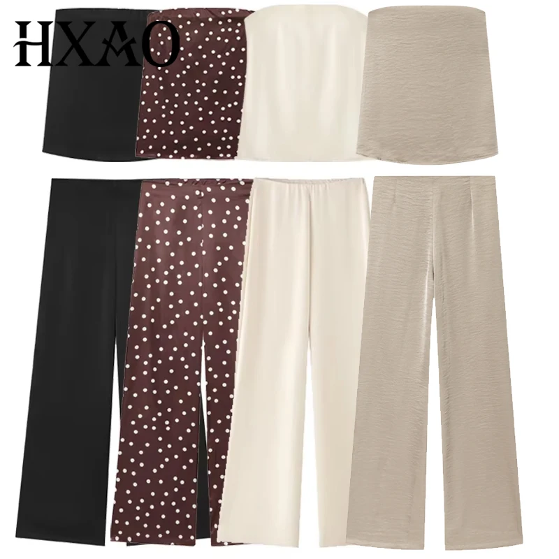 HXAO Women's Two Pieces Set Satin Pant Sets Summer Women's Suit Strapless Off Shoulder Tube Top Outfit High Waist Trousers Sets