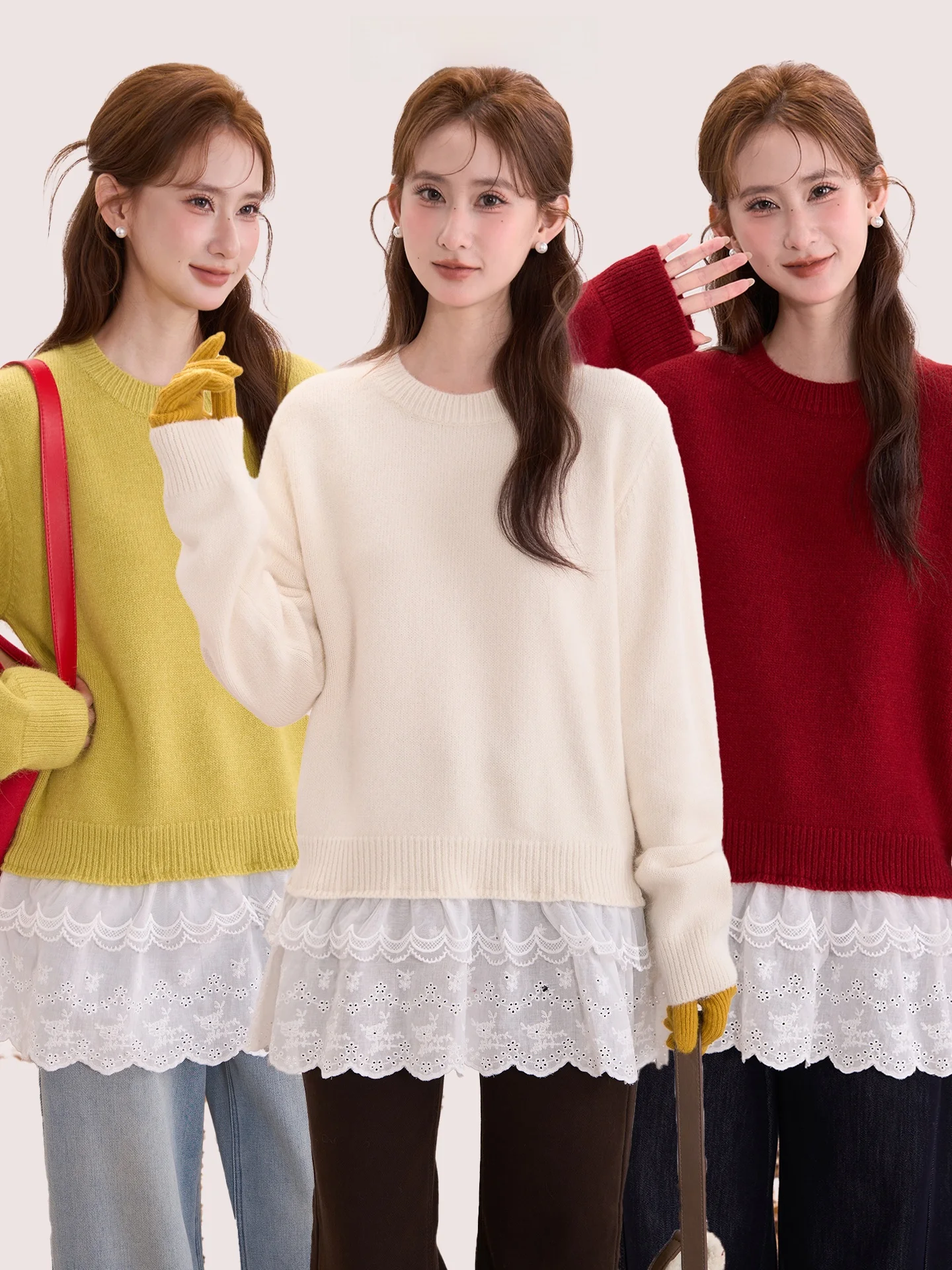 

Korean Sle round Ne Knitted Sweater Women's Winter Faion Layering Lace Skirt Design Long Sve Casual Fit Online Exclu...