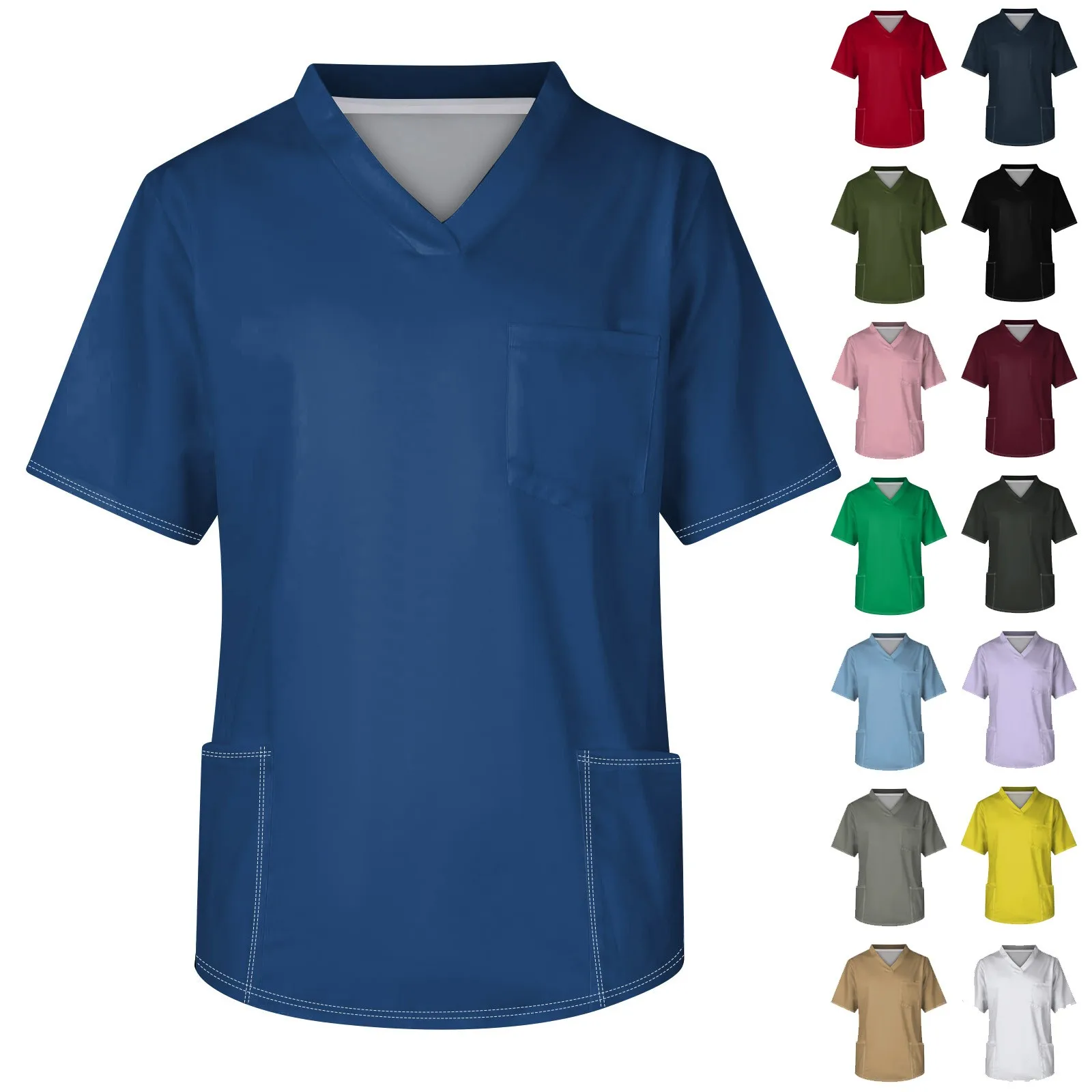 Uniforme de limpieza para hombre, manga corta, cuello en V, Color sólido, bolsillo en el pecho, Top médico para el cuidado, Ropa de Trabajo para niñera, Top para quirófano