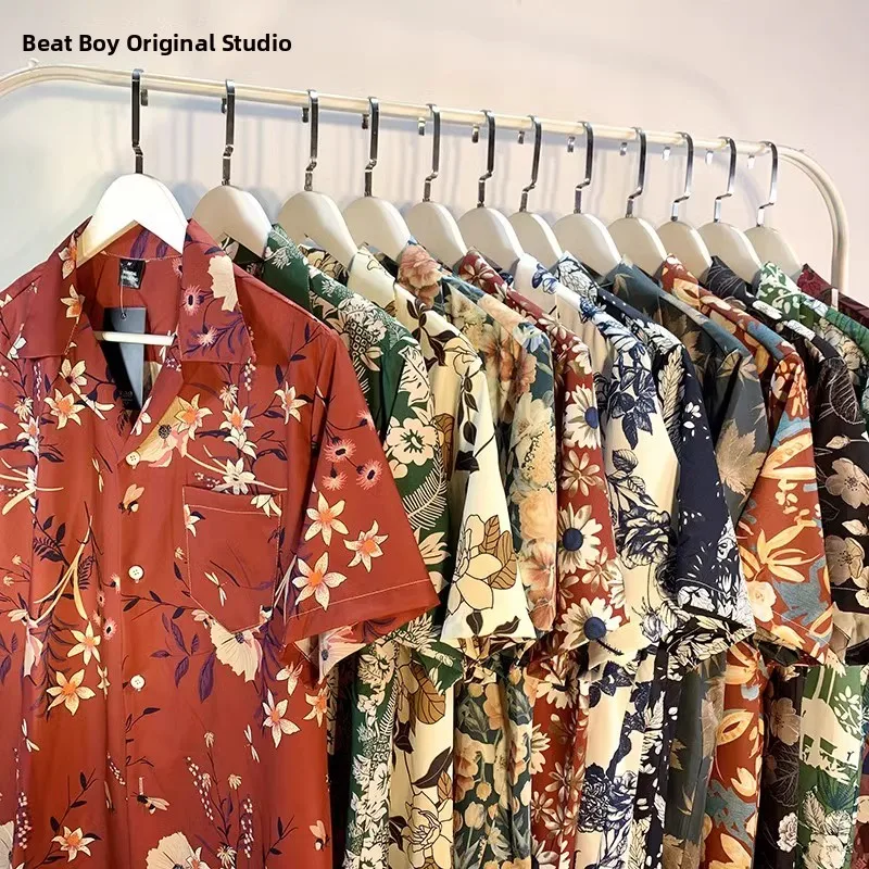Beach Vacation Men's Ice Silk Short Sleeve Shirt Summer Island Style Loose Fit Polyester Fiber Printed Casual Shirt