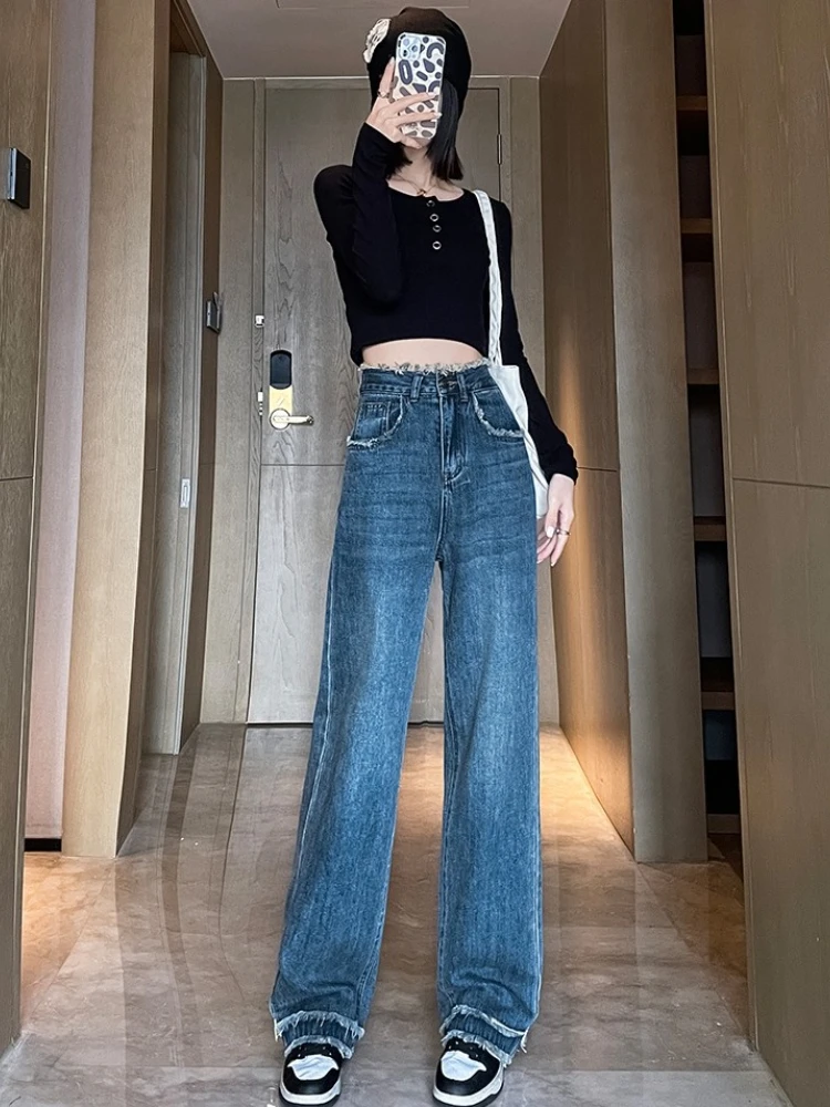 

Женские широкие джинсовые брюки, новинка осени и зимы 202, с бахромой, прямые брюки, универсальные напольные брюки