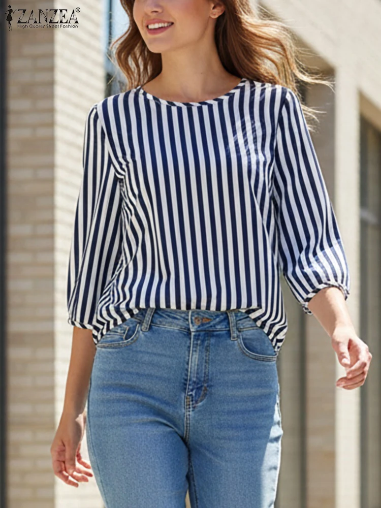 Stylowa bluzka damska ZANZEA 2026 wiosna-lato, koszula w paski, codzienna bluzka z okrągłym dekoltem, rękaw 3/4, bluzki damskie, luźna koszula do pracy w stylu OL.