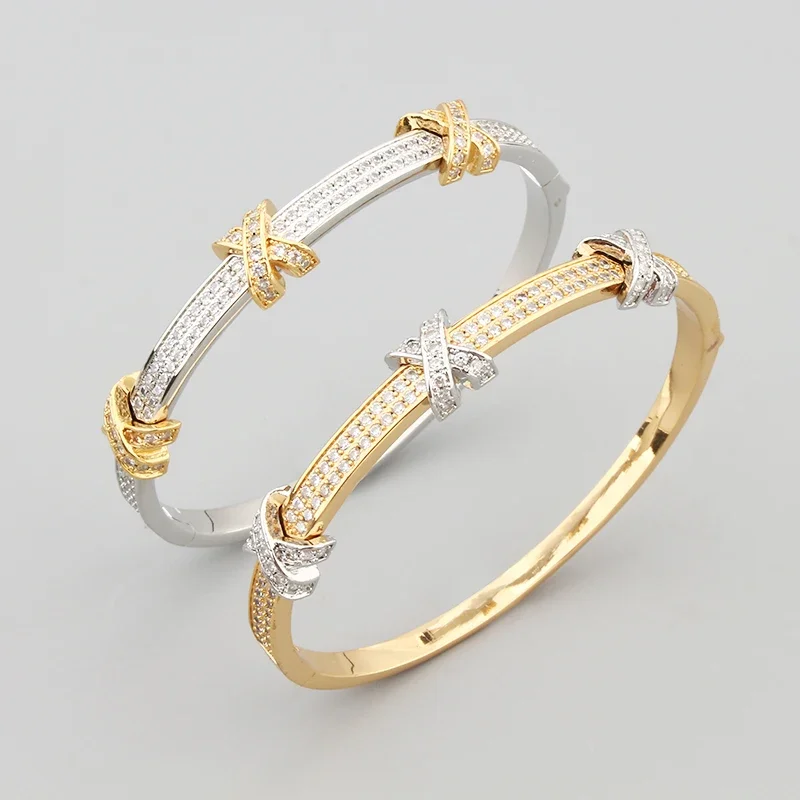 Luxury Fashion Cuff Bangle Charm Bracelet Retro Brass Silver Color Cross Czech Cubic Zircon Intersect Tangle Women Jewelry Gift