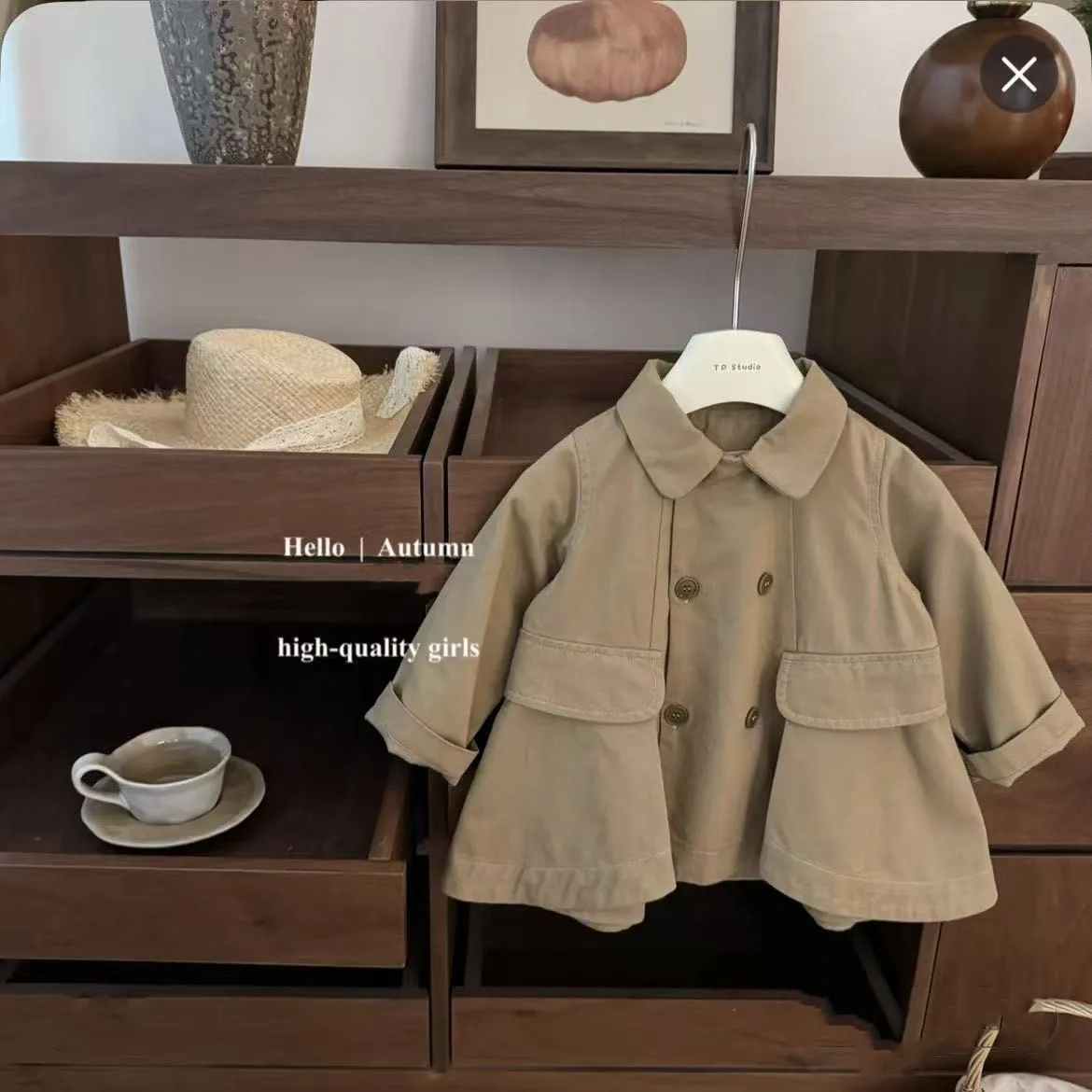 

Kids Girl's Coat Spring and Autumn Korean Version Children's Casual Loose British Style Khaki Lapel Windbreaker Jacket 80-130CM