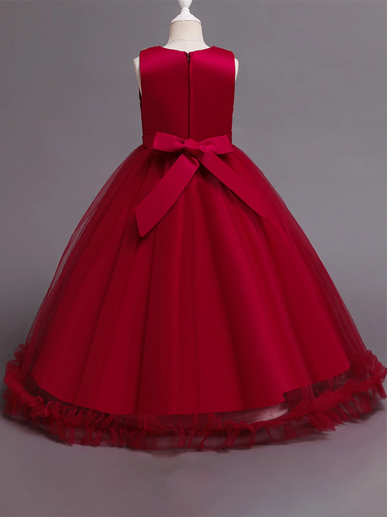 Red long children embroidered princess dress LACE girl mesh fluffy piano performance costume