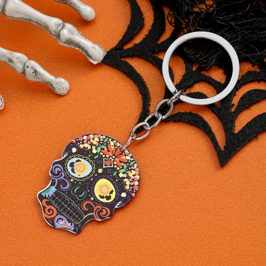 Sugar Skull Key Chain Mexican Halloween Acrylic Relief Pendant Car Handbag Decoration Keychain Send to Friends Holiday Gift