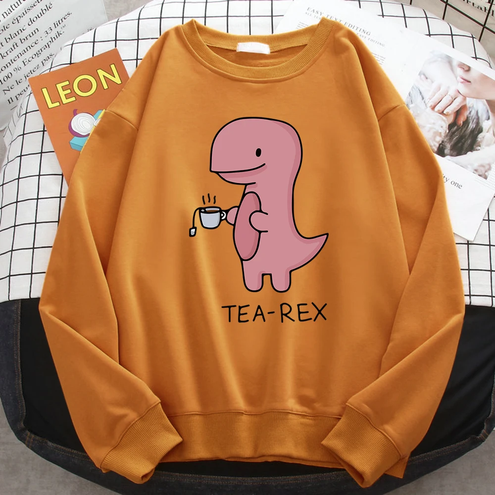 Autumn Funny Sweatshirts For Women Funny Dinosaur Drink Coffee Printing Hoodies Fleece Soft Pullovers Loose Warm Ladies Clothing