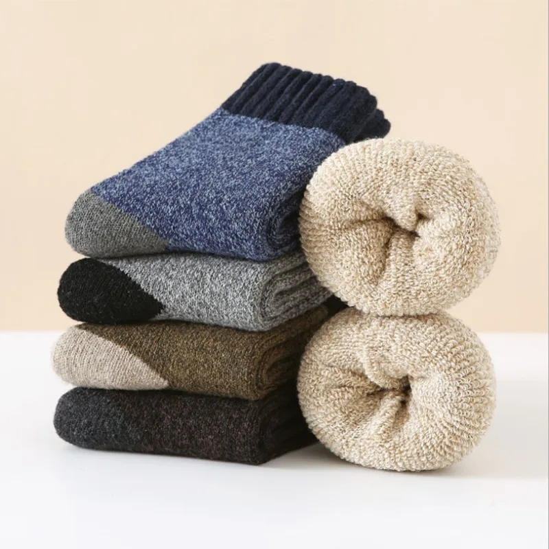 Autumn and winter men's high-end warm  thickened warm middle tube, looped color matching socks, casual plush towel socks