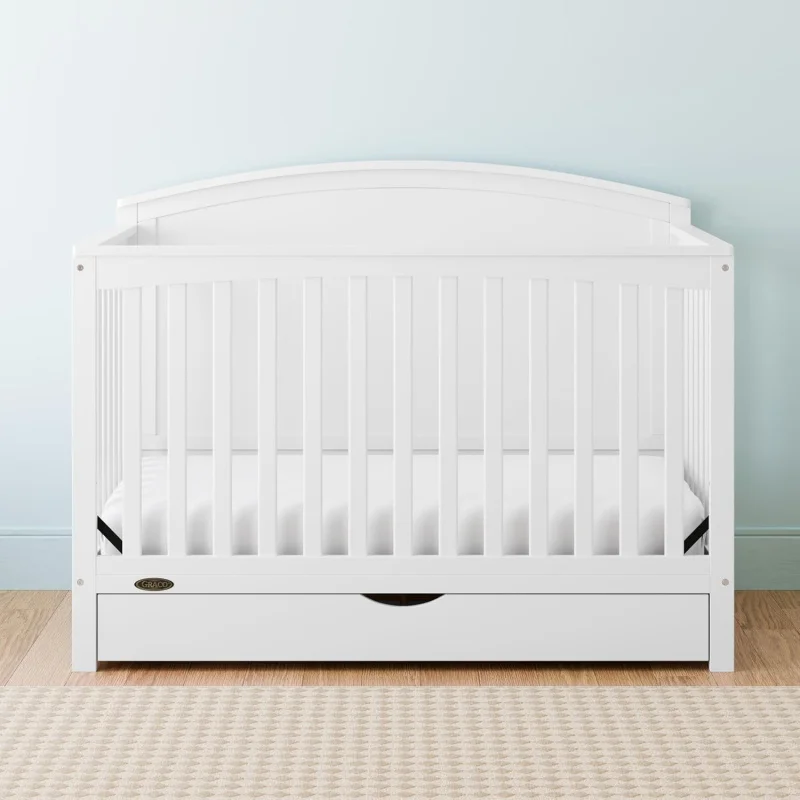 Bellwood 5-in-1 Convertible Crib with Drawer (White) - GREENGUARD Gold Certified, Full-Size Storage Drawer, Converts to To