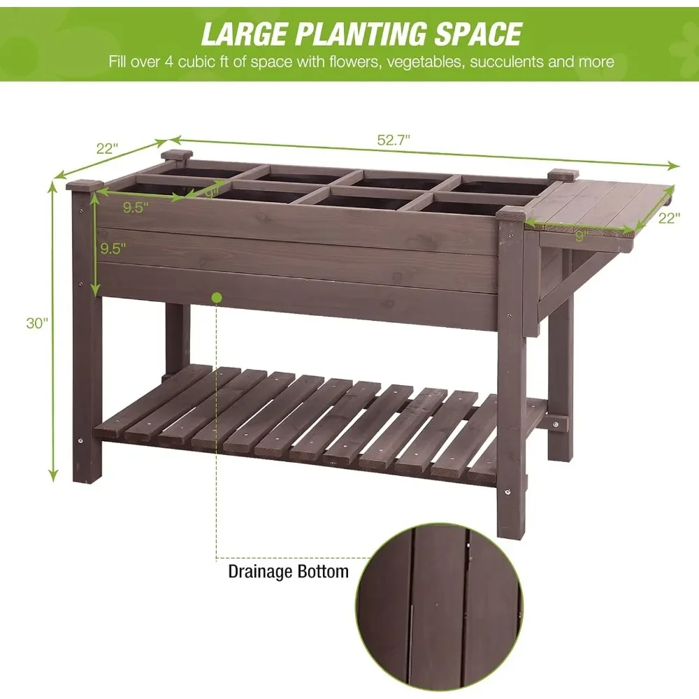 Elevated garden bed for herbs, elevated flower planter vegetable box on terrace, with growth grid - large storage rack brown