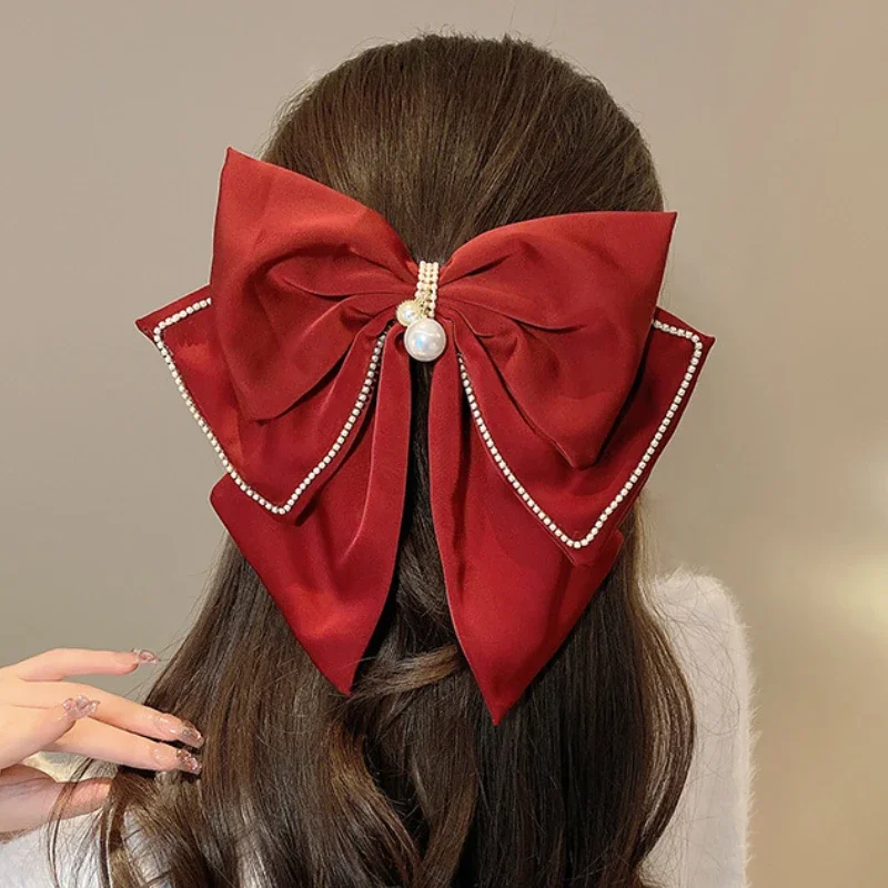 Large Fabric Bow Hair Clips Crystal Rhinestone Hairpins Headwear Elegant Fashion Barrette Hair Accessories for Women Girls