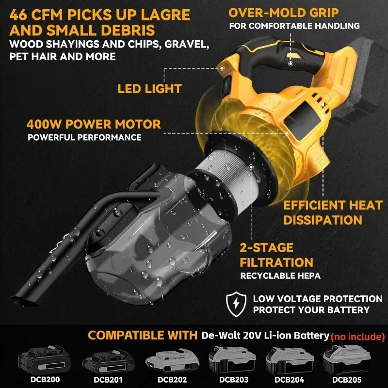 Aspiradora eléctrica de mano 5 en 1 con motor potente de 500W, aspiradora manual portátil de 46 CFM para suelo, alfombra, coche para Dewalt