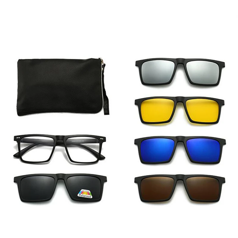 GSBJXZ Magnet-Clip, quadratische Myopie-Sonnenbrille für Herren und Damen, mit 5 Clip-on-Sonnenbrillen, polarisierte verschreibungspflichtige Brillen, 0–0,5–0,75 bis–6,0 9