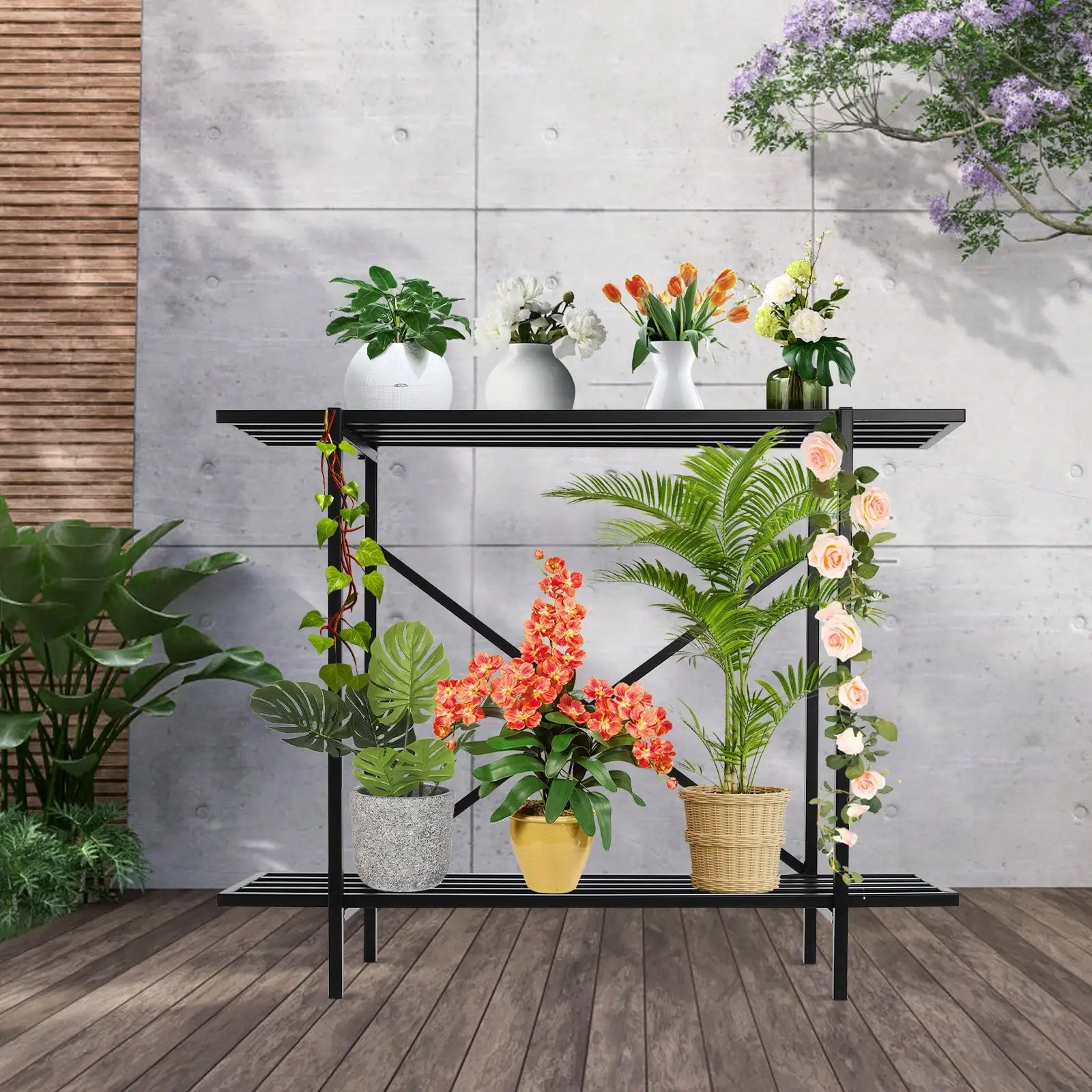 Black 2 Tier Metal Sturdy Heavy Plant Stand Narrow Plant Rack Holder For Home Small Space Indoor Outdoor 35*8.6*28in