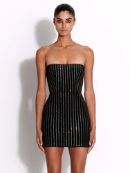 Sexy Strapless Diamonds Embellished Mini Dress Women Black Sleeveless Backless Crystal Bodycon Dresses Evening Party Celebrity
