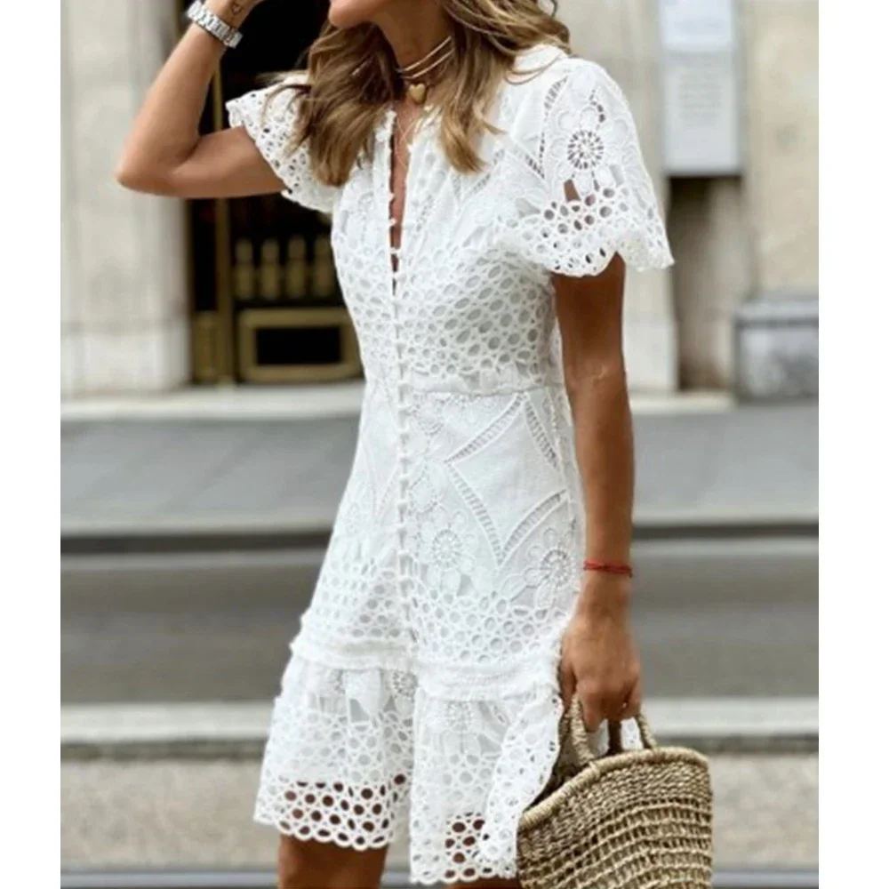 

Dress Women Lace Slim Fits Solid Mini Package Hip Short Sleeve Bodycon Dress V-neck Summer French Style Sheath Dress