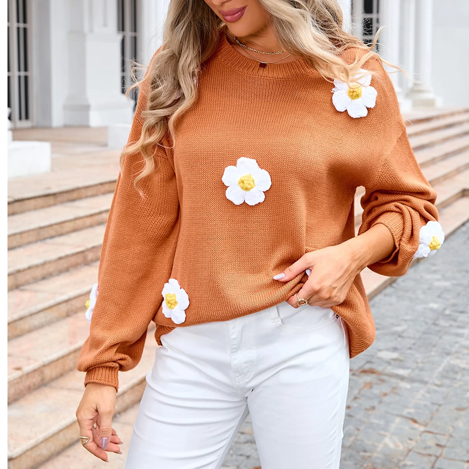 Round Necked Sweater For Women Cute Autumn Thin Pullover With External Decals Fur Knitted Pullover Top Knitted Pullover Pants