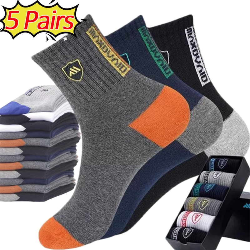 

5Pairs Breathable Cotton Sports Middle Tube Socks Men Autumn Winter Anti-slip Socks Sweat Absorption Deodorant Business Men Sock