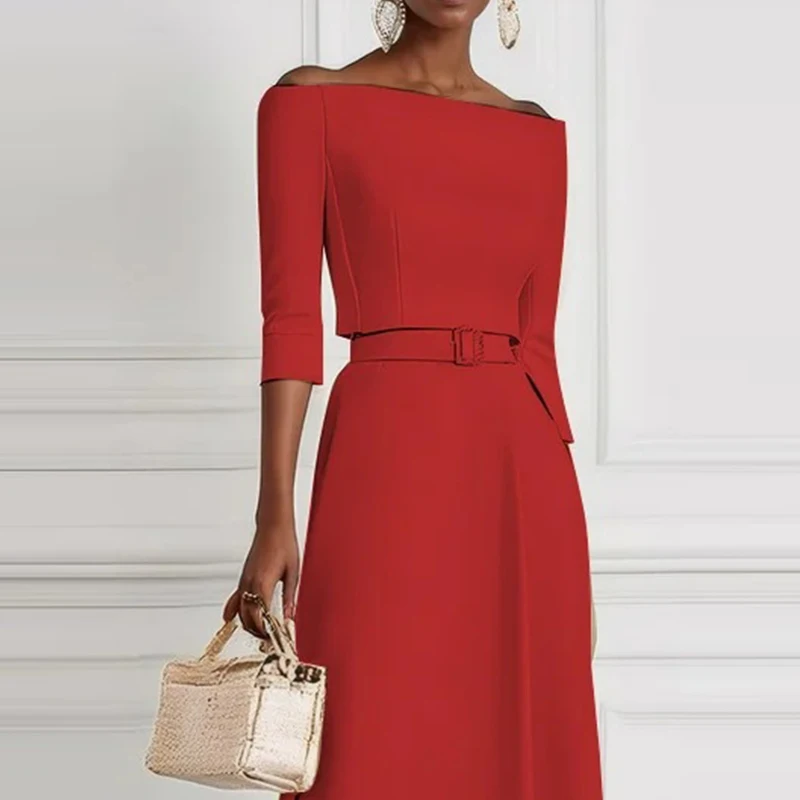 Office Ladies Elegant Solid High Waist Party Dress 2025 Spring Crew Neck Hollow Long Dress Autumn Long Sleeve A-Line Maxi Dress - Image 6