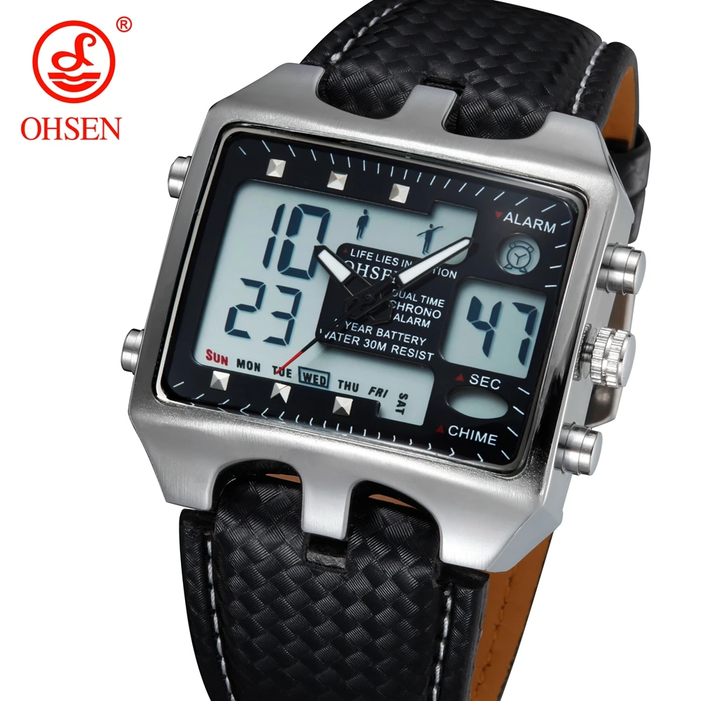 Fashion OHSEN Digital Men Watches Black Wateproof Sport Mens Quartz Wristwatches Large Face Dual Time Man Tactical Watch Clocks