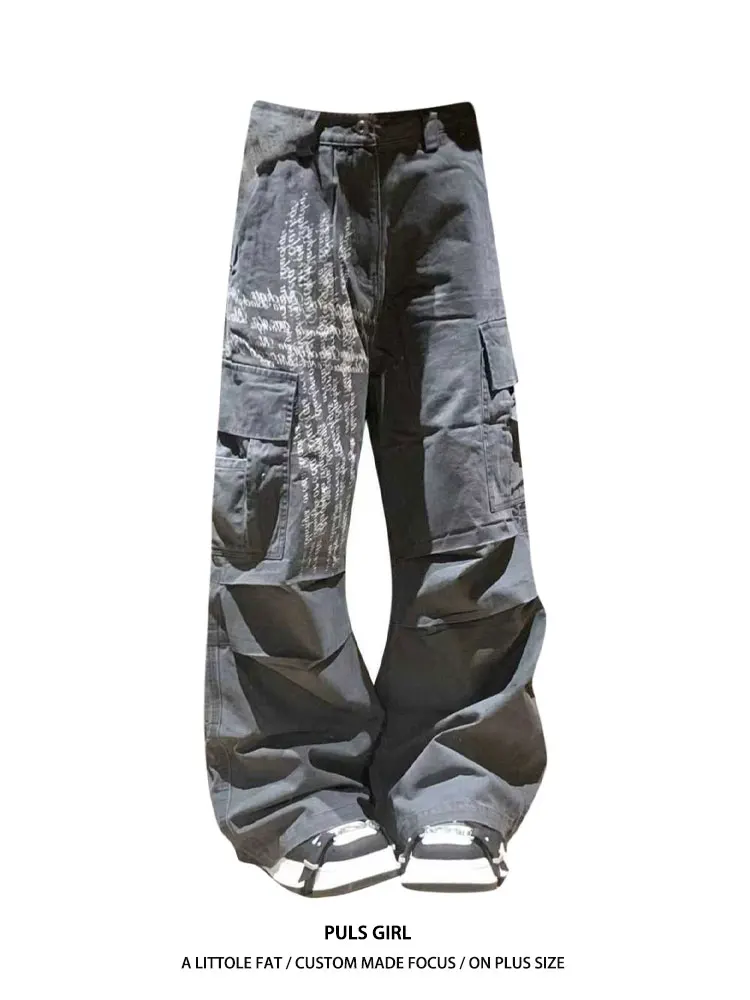 

Loose Casual Wide Leg American Style Workwear Denim Pants for Women High Waist Cross Letter Print Loose Fit Streetwear Jeans