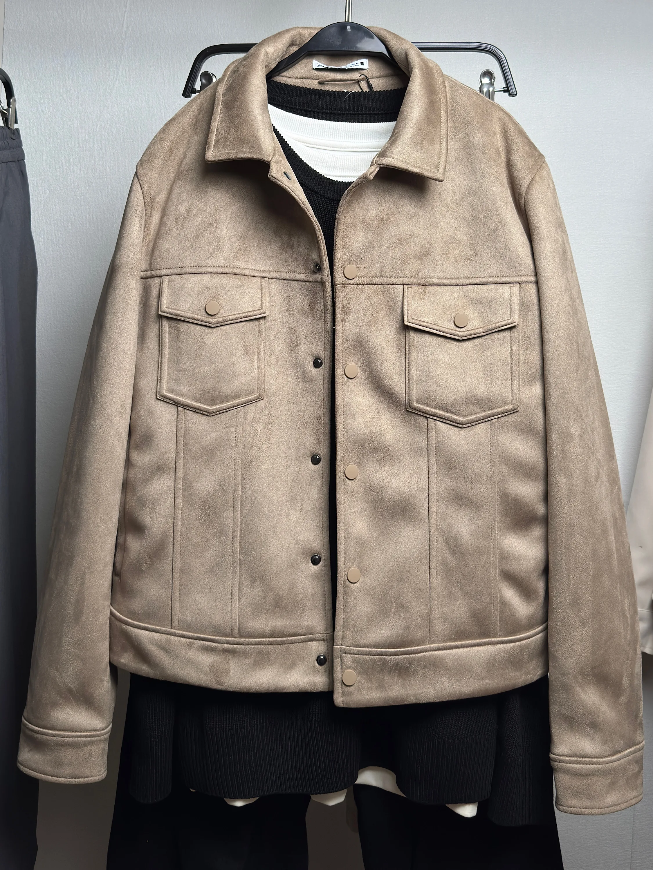 

Autumn Winter New Arrival Men's Jaet Suede Velvet Long Sve Stand Collar Coat Regular Thin Daily Wear Outerwear