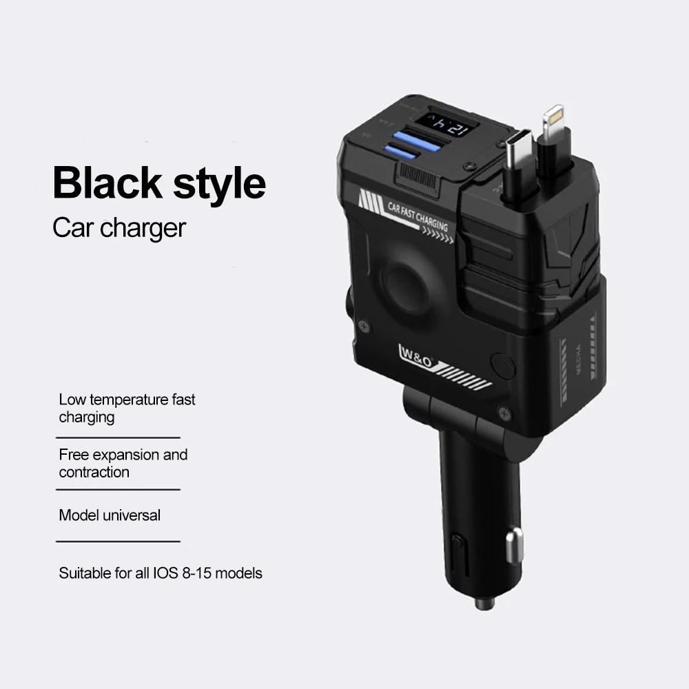 Wysuwana ładowarka samochodowa, adapter ładowarki samochodowej 4 w 1, szybkie ładowanie USB-C/USB-A/Lightning/Type C, do iPhone'a, Galaxy, Pixel