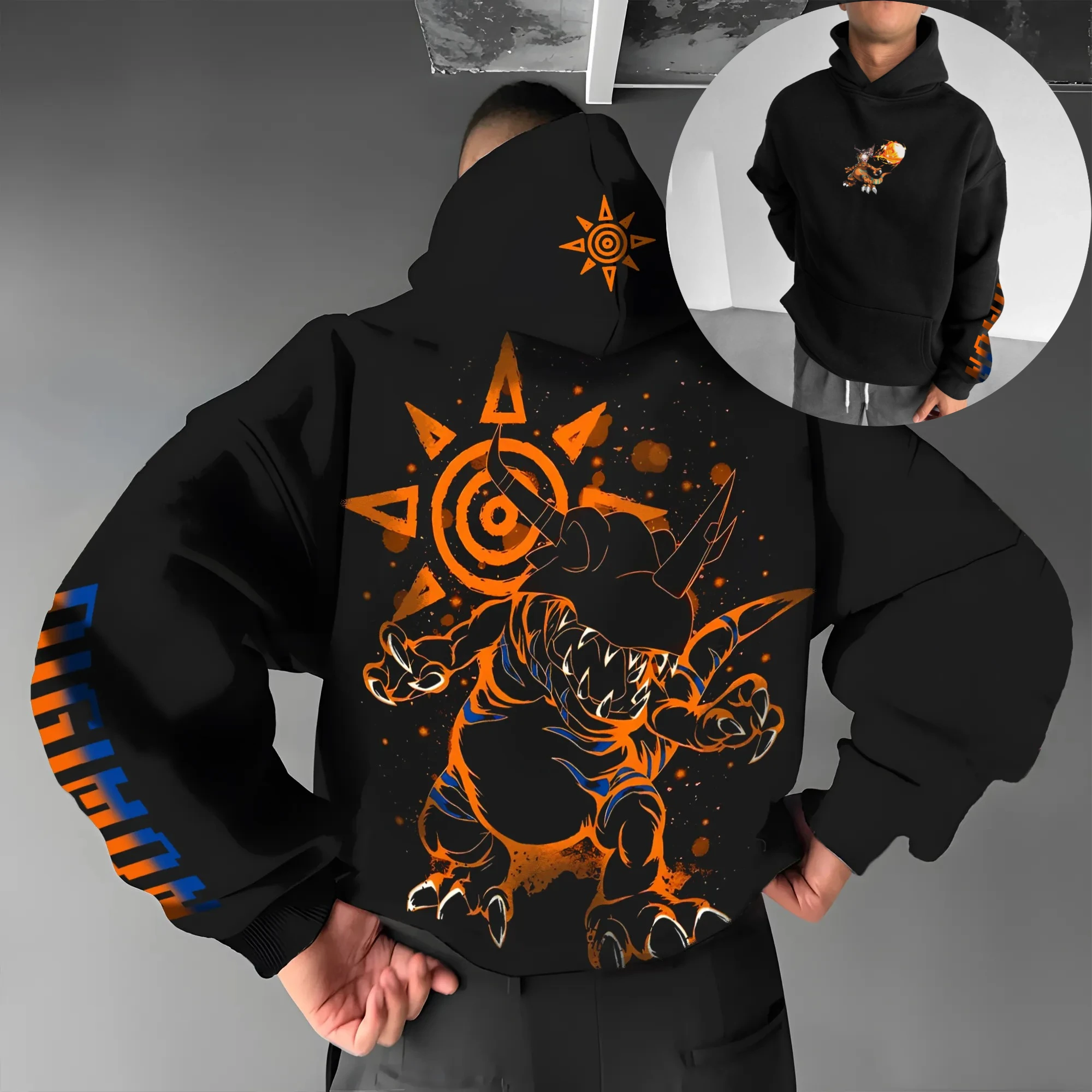 Digimon Anime Baumwoll-Kapuzenpullover, schwarzer Farbcharakterdruck mit orange-blauem Dinosaurier-Rückendesign, Sonnenemblem-Muster