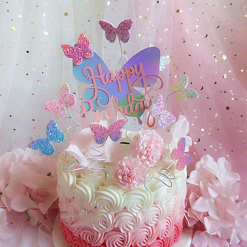Happy Birthday Sequin Butterfly Cake Topper for Princess Girl Birthday Party Cake Decor Butterflies Wedding Party Decoration